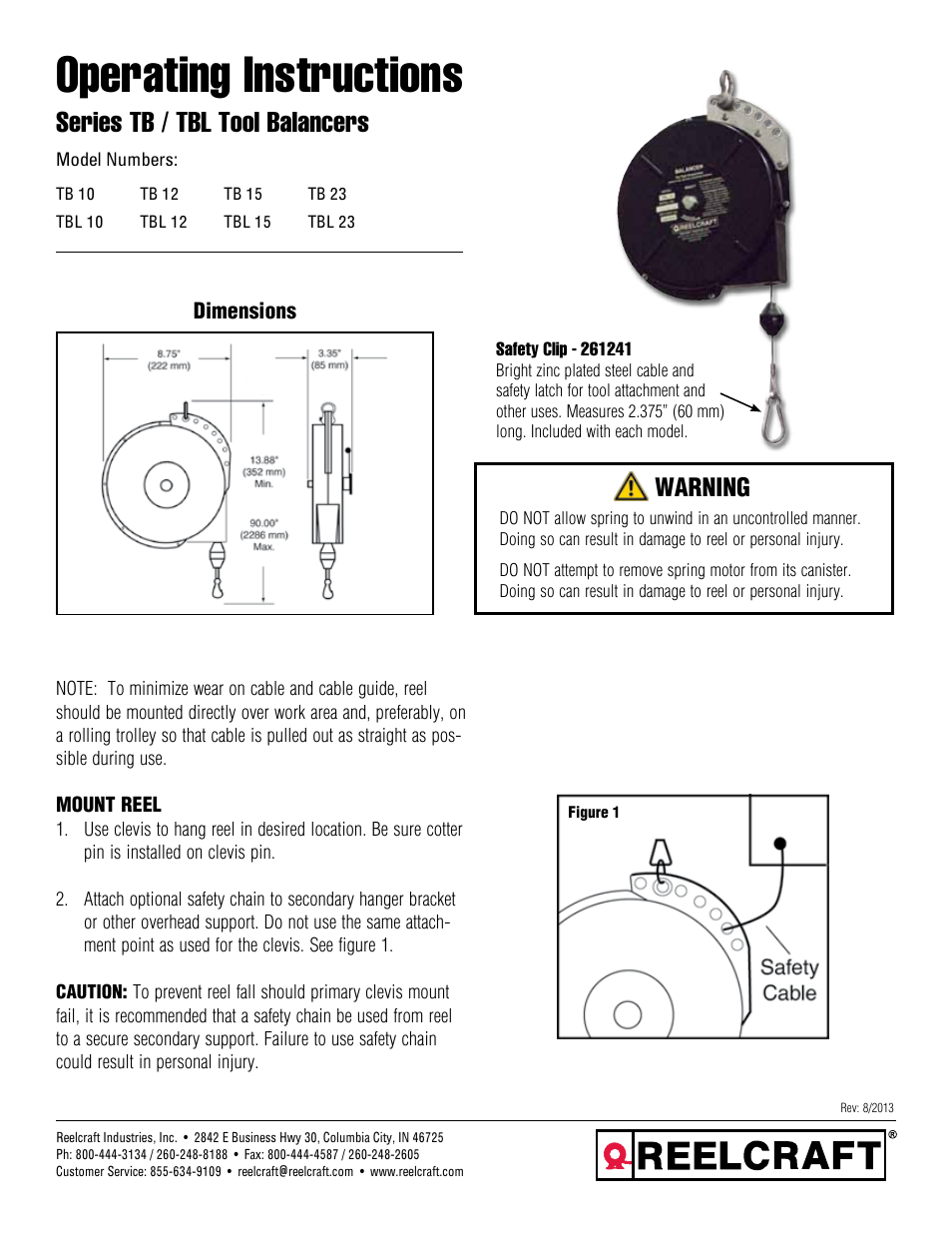 Reelcraft Series TB/TBL Tool Balancers User Manual | 2 pages