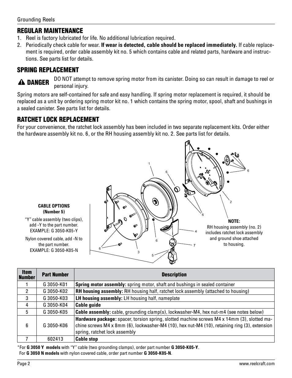 Regular maintenance, Spring replacement, Danger | Ratchet lock replacement | Reelcraft Static Discharge Reels G3050 User Manual | Page 2 / 2