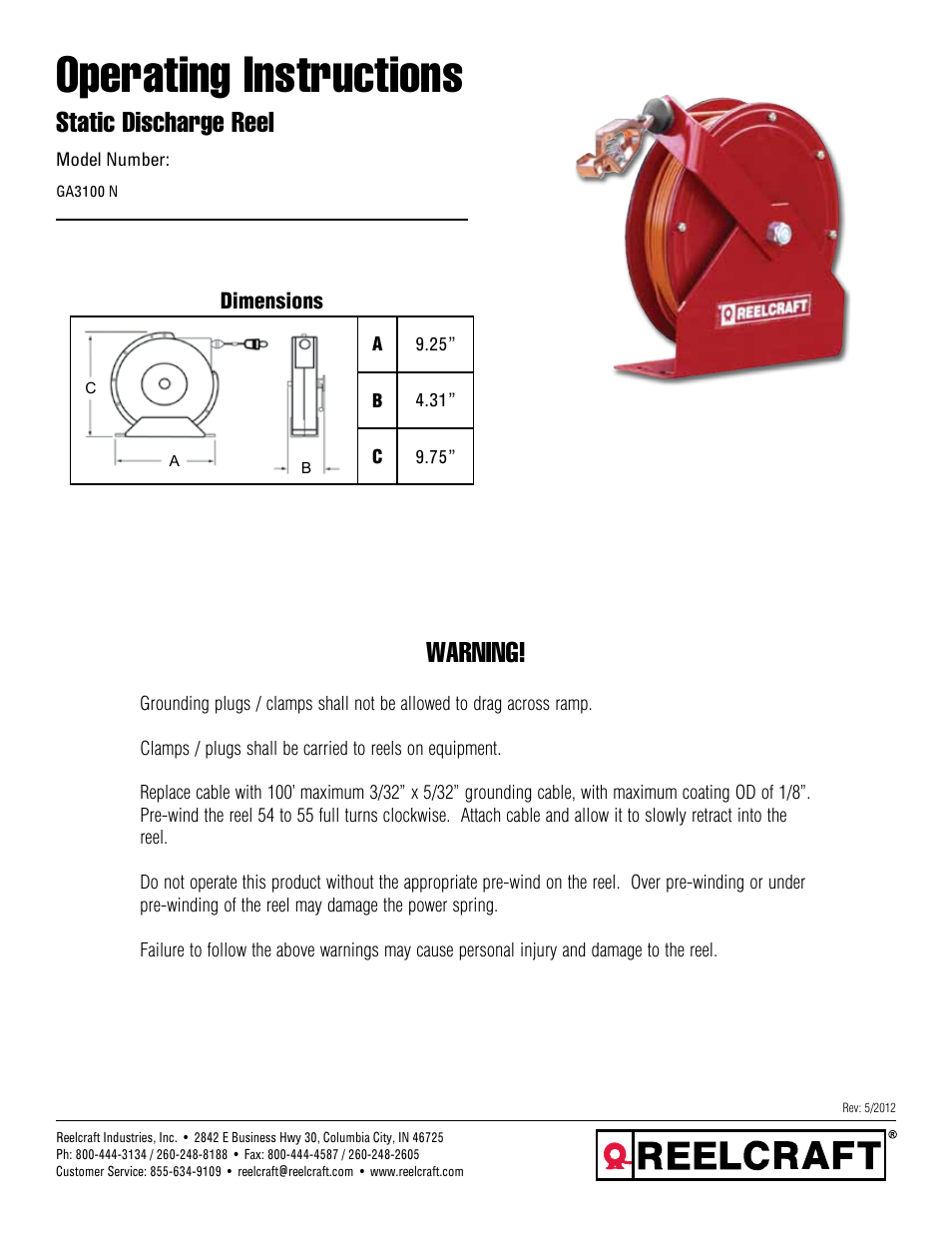 Reelcraft Static Discharge Reels GA3100 User Manual | 1 page