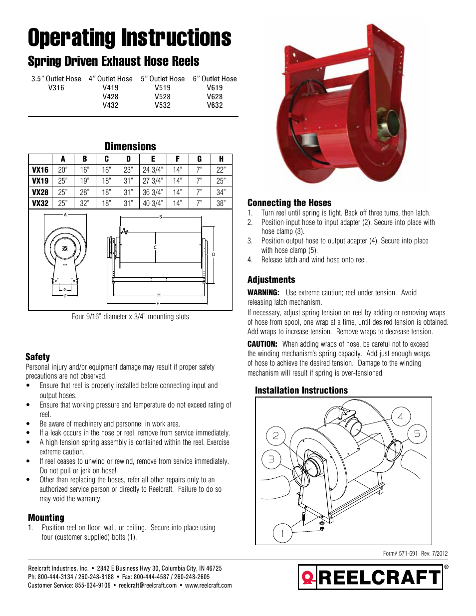 Reelcraft Spring Driven Exhaust Hose Reels 3.5, 4, 5, 6 Outlet Hose User Manual | 2 pages