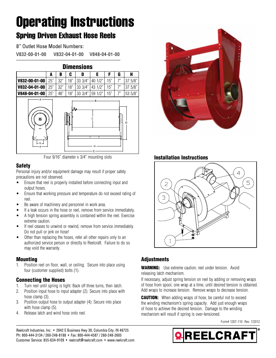 Reelcraft Spring Driven Exhaust Hose Reels 8 Outlet Hose User Manual | 2 pages