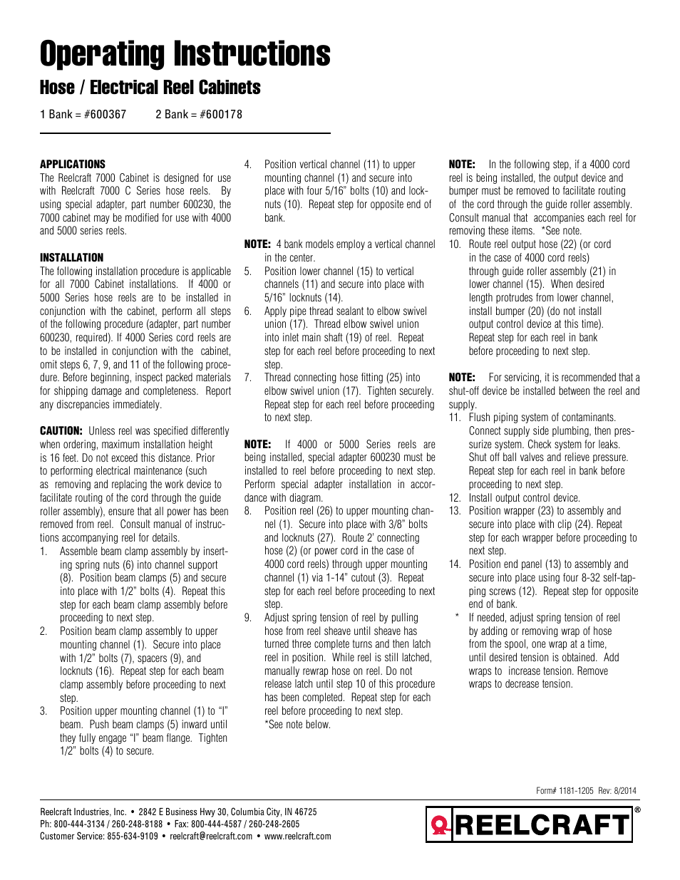 Reelcraft Hose/Electrical Reel Cabinets User Manual | 2 pages