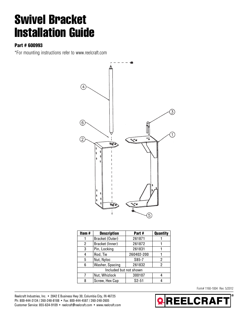 Reelcraft Swivel Bracket User Manual | 2 pages