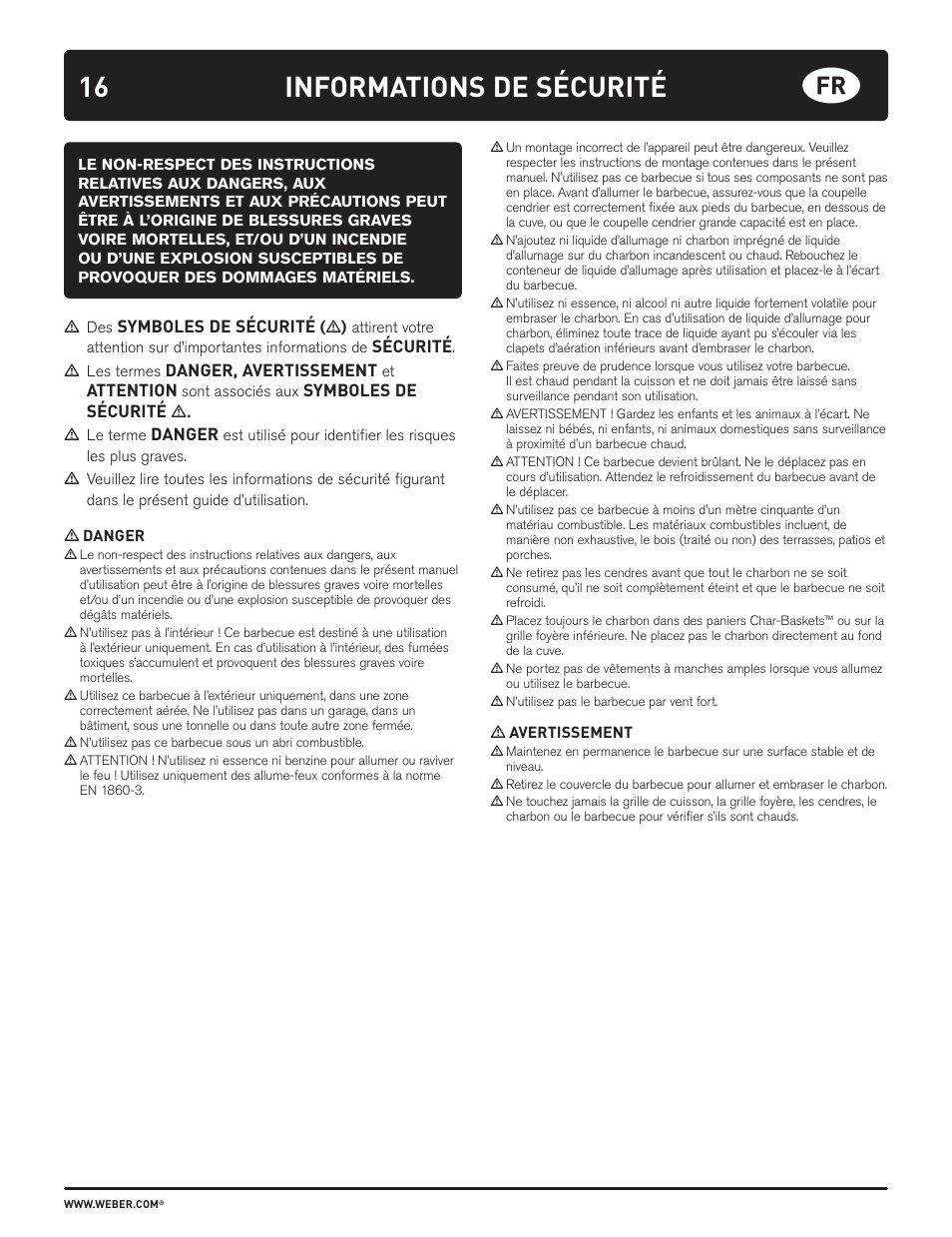 Informations de sécurité, Symboles de sécurité, Sécurité | Danger, avertissement, Attention, Danger | weber HOLZKOHLEGRILLS User Manual | Page 16 / 84