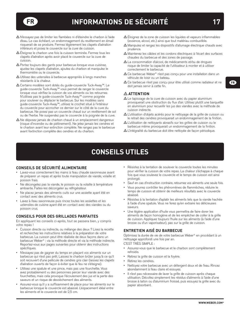 Conseils utiles, Informations de sécurité | weber HOLZKOHLEGRILLS User Manual | Page 17 / 84