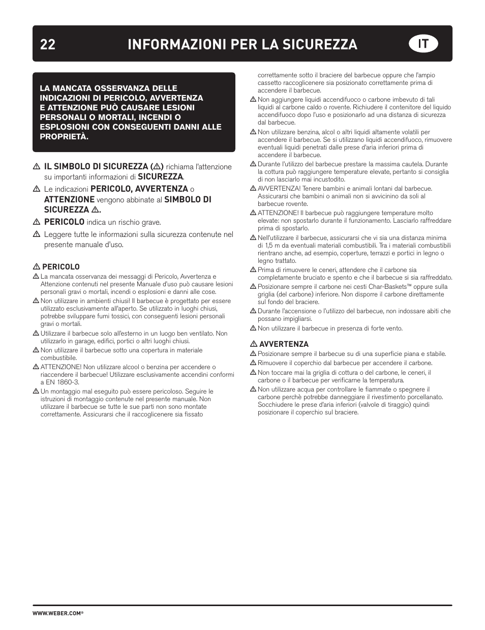 Informazioni per la sicurezza, Il simbolo di sicurezza, Sicurezza | Pericolo, avvertenza, Attenzione, Simbolo di sicurezza, Pericolo | weber HOLZKOHLEGRILLS User Manual | Page 22 / 84
