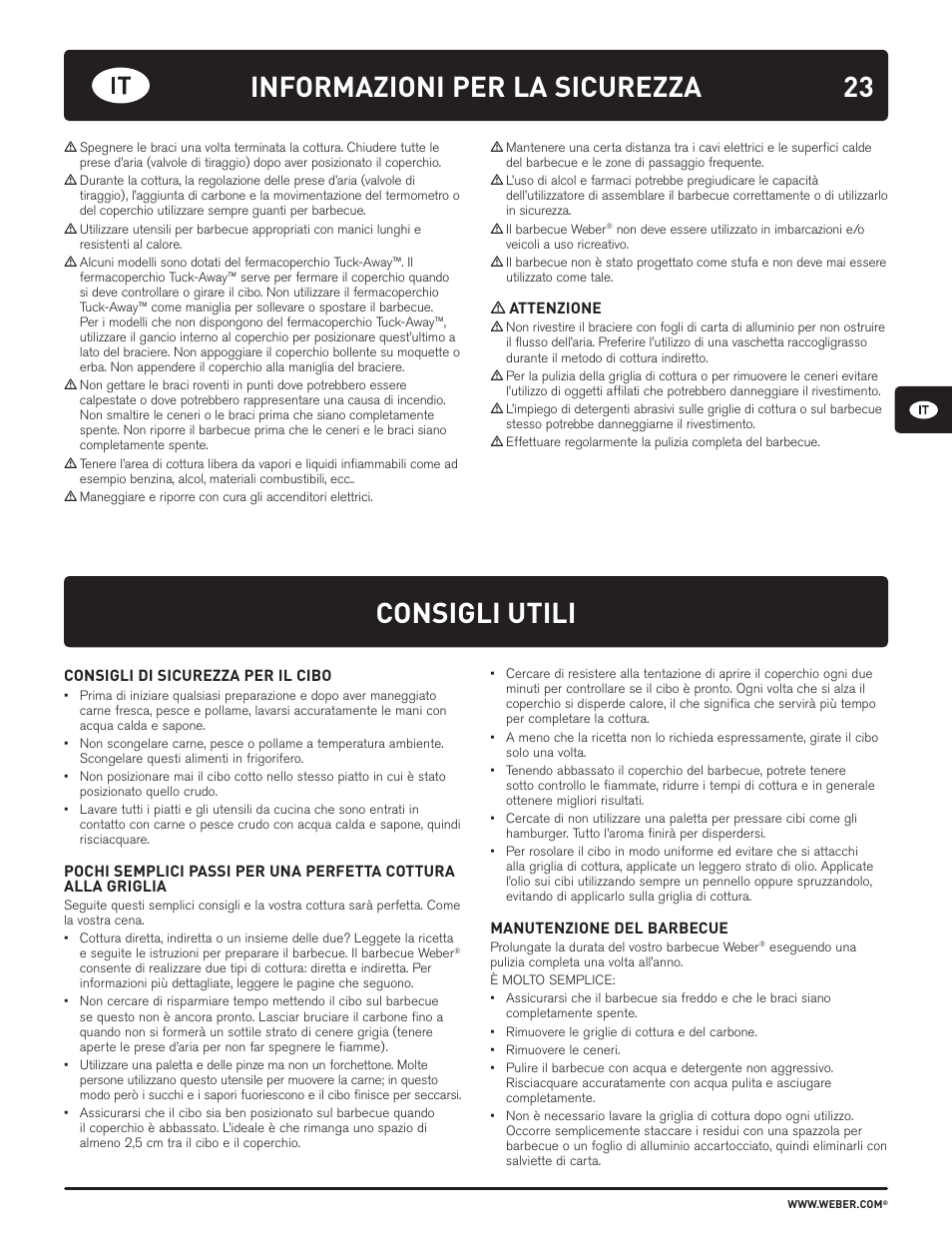 Consigli utili, Informazioni per la sicurezza | weber HOLZKOHLEGRILLS User Manual | Page 23 / 84