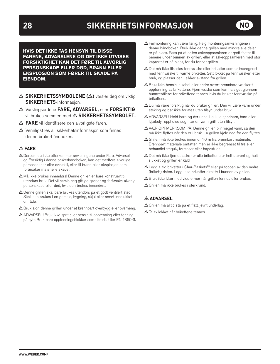Sikkerhetsinformasjon, Sikkerhetssymbolene, Sikkerhets | Fare, advarsel, Forsiktig, Sikkerhetssymbolet, Fare | weber HOLZKOHLEGRILLS User Manual | Page 28 / 84