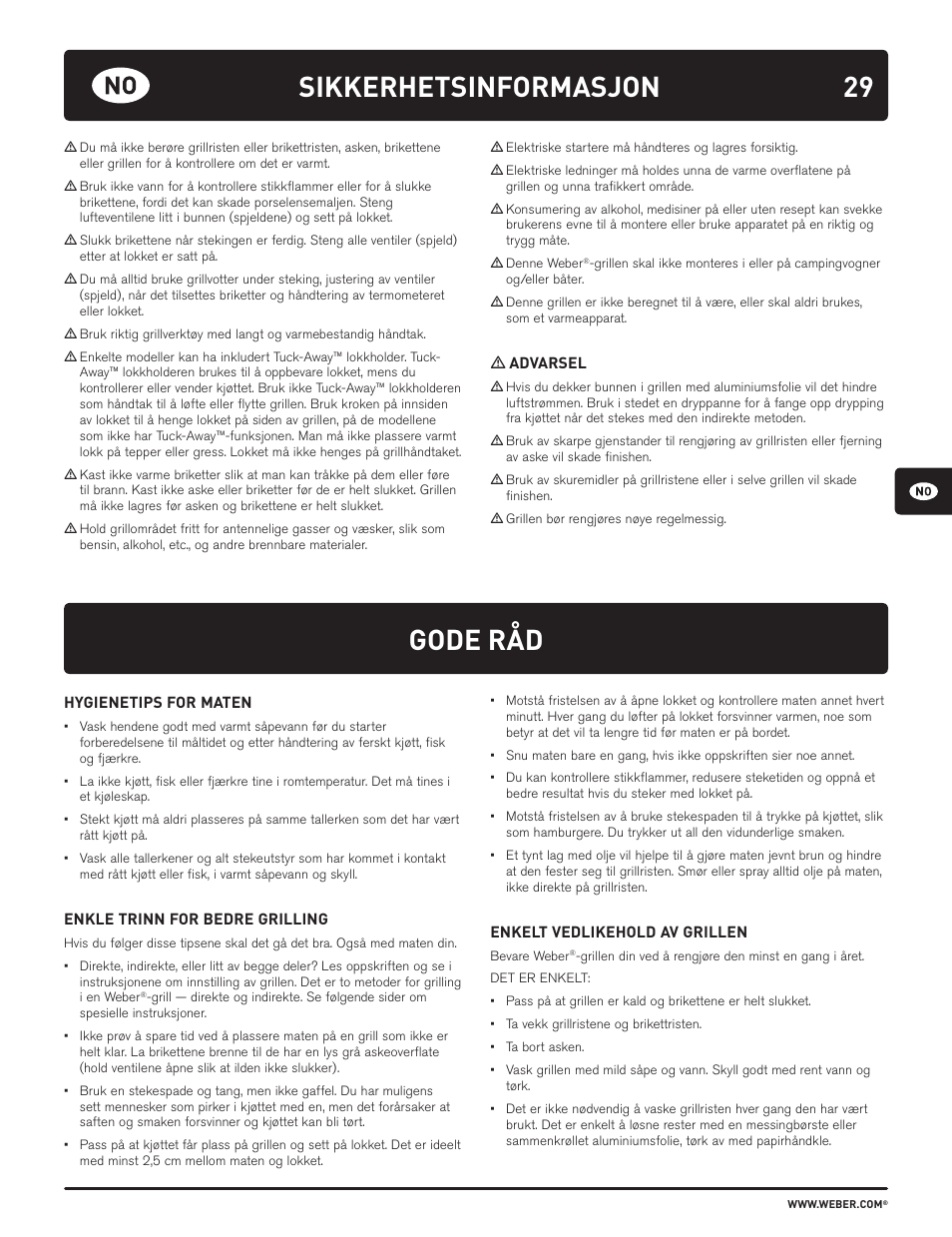 Gode råd, V sikkerhetsinformasjon | weber HOLZKOHLEGRILLS User Manual | Page 29 / 84