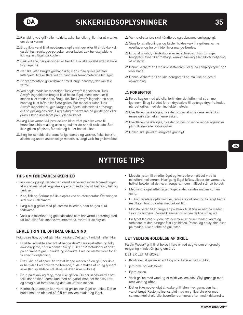 Nyttige tips, Sikkerhedsoplysninger | weber HOLZKOHLEGRILLS User Manual | Page 35 / 84