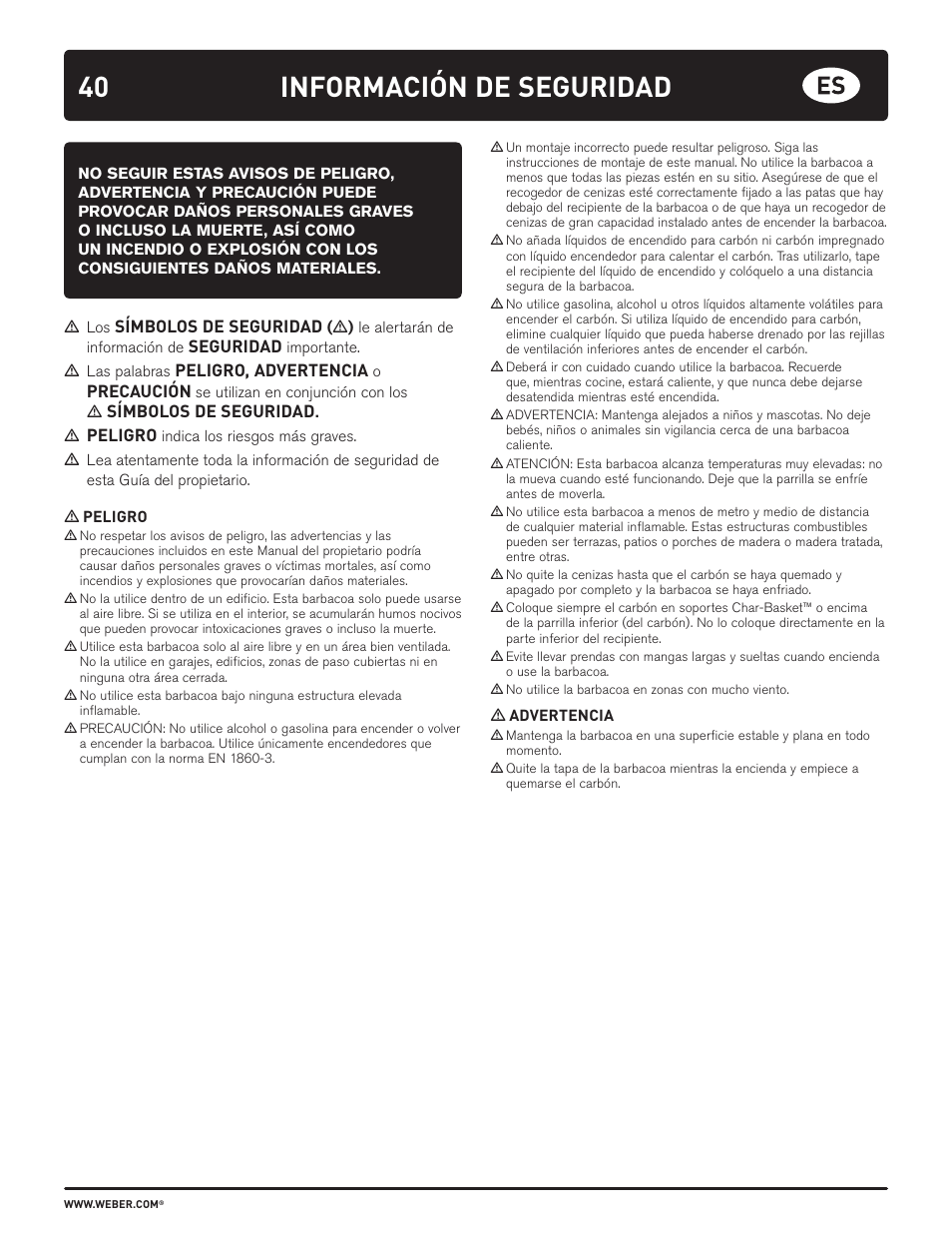Información de seguridad, Símbolos de seguridad, Seguridad | Peligro, advertencia, Precaución, Peligro | weber HOLZKOHLEGRILLS User Manual | Page 40 / 84