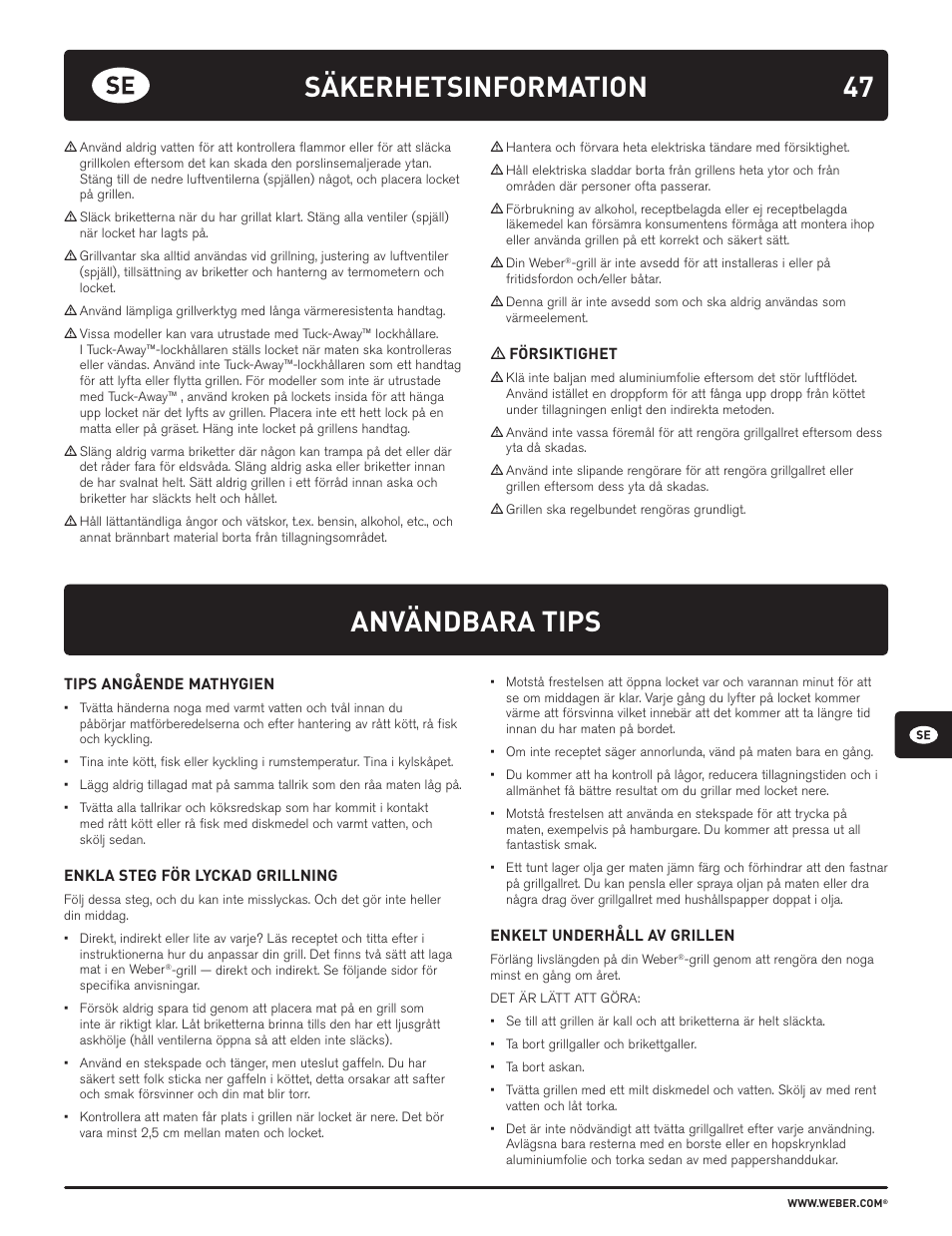 Användbara tips, Säkerhetsinformation | weber HOLZKOHLEGRILLS User Manual | Page 47 / 84