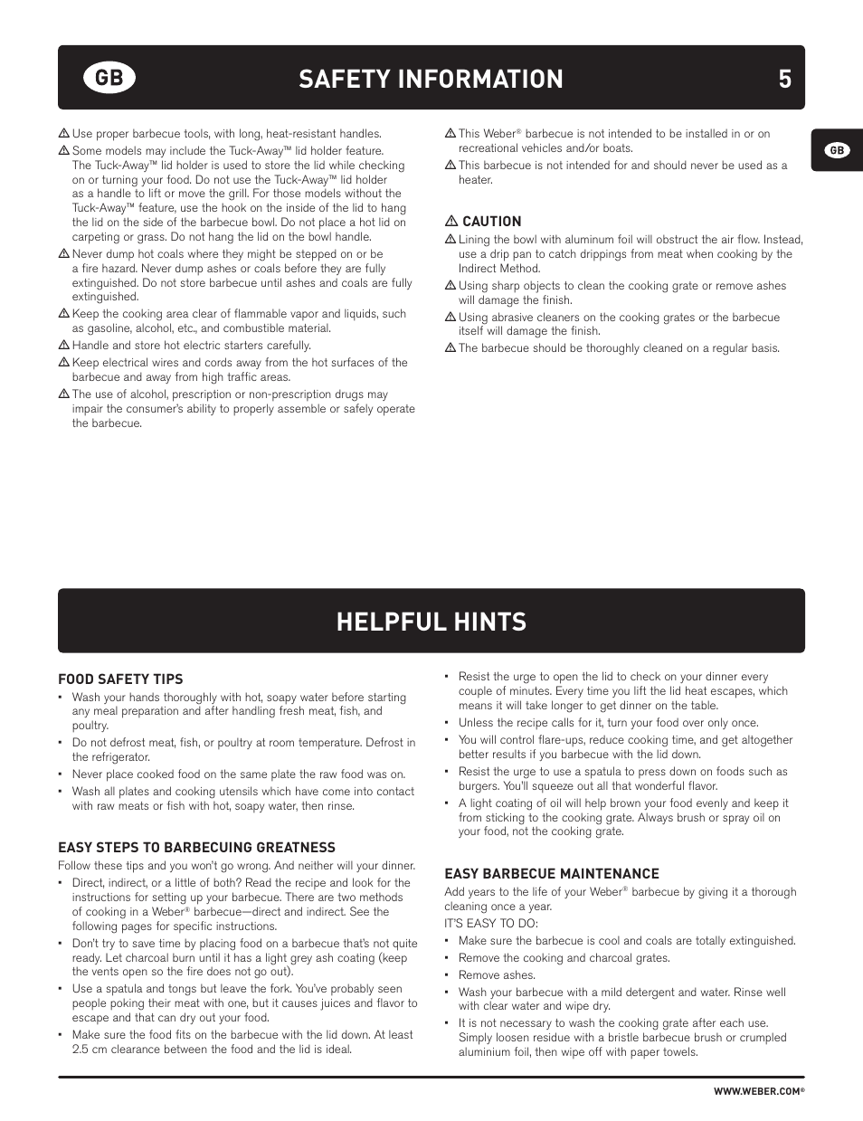 Helpful hints, Safety information | weber HOLZKOHLEGRILLS User Manual | Page 5 / 84