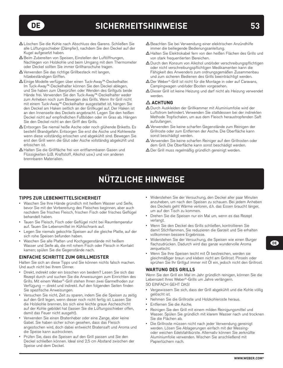 Nützliche hinweise, Sicherheitshinweise | weber HOLZKOHLEGRILLS User Manual | Page 53 / 84