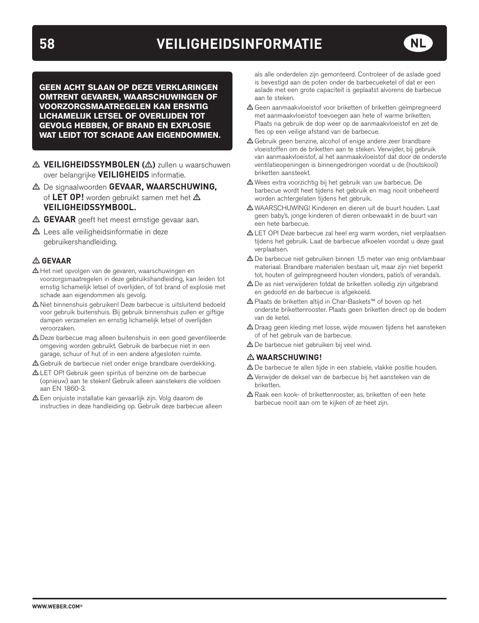 Veiligheidsinformatie, Veiligheidssymbolen, Veiligheids | Gevaar, waarschuwing, Let op, Veiligheidssymbool, Gevaar | weber HOLZKOHLEGRILLS User Manual | Page 58 / 84