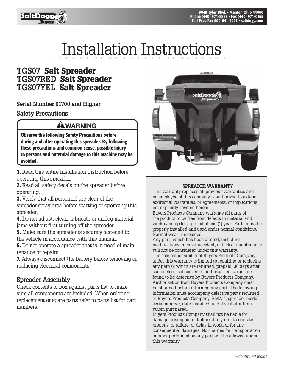 SaltDogg TGS07YEL Salt Spreader User Manual | 8 pages