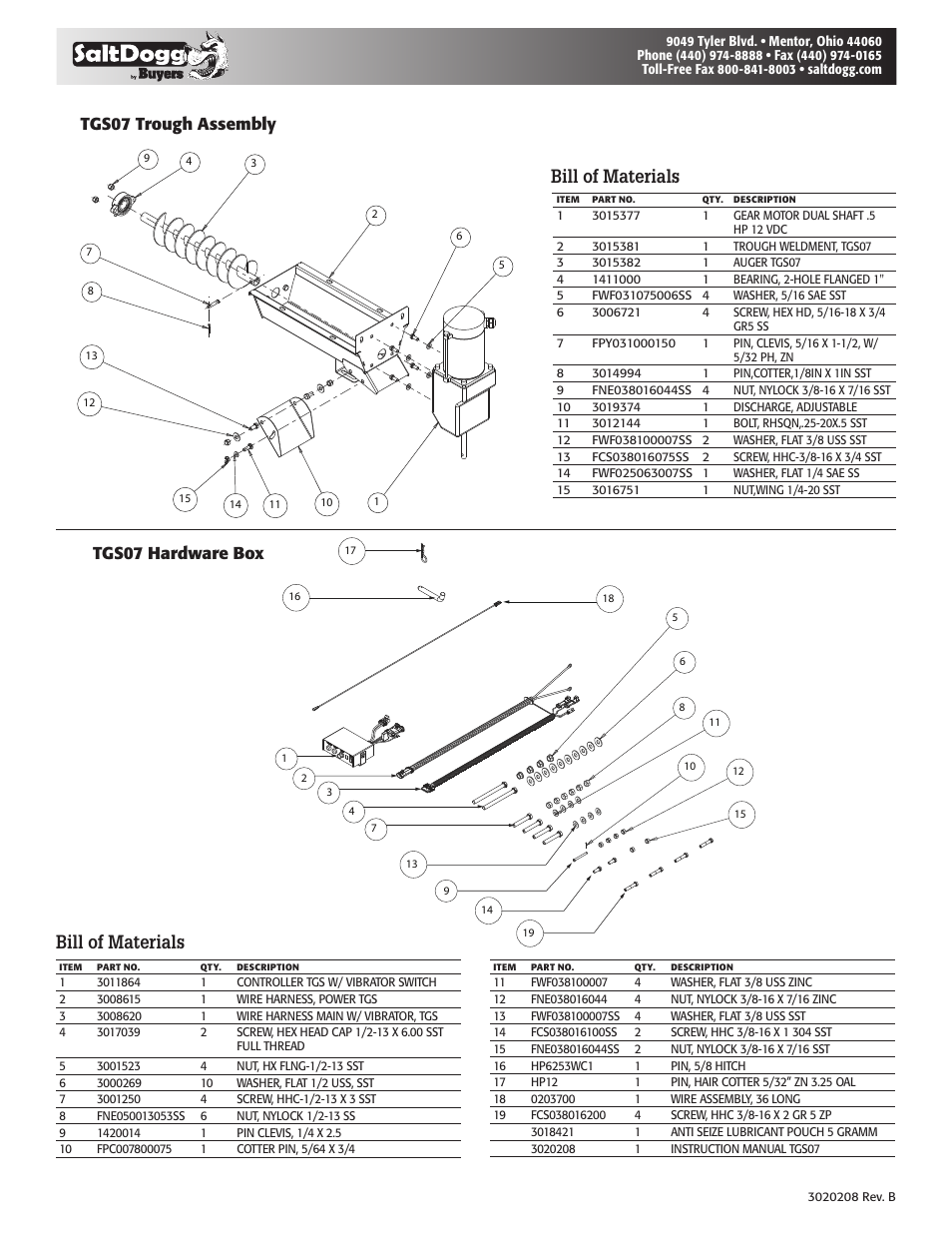 Bill of materials, Tgs07 trough assembly tgs07 hardware box | SaltDogg TGS07YEL Salt Spreader User Manual | Page 8 / 8