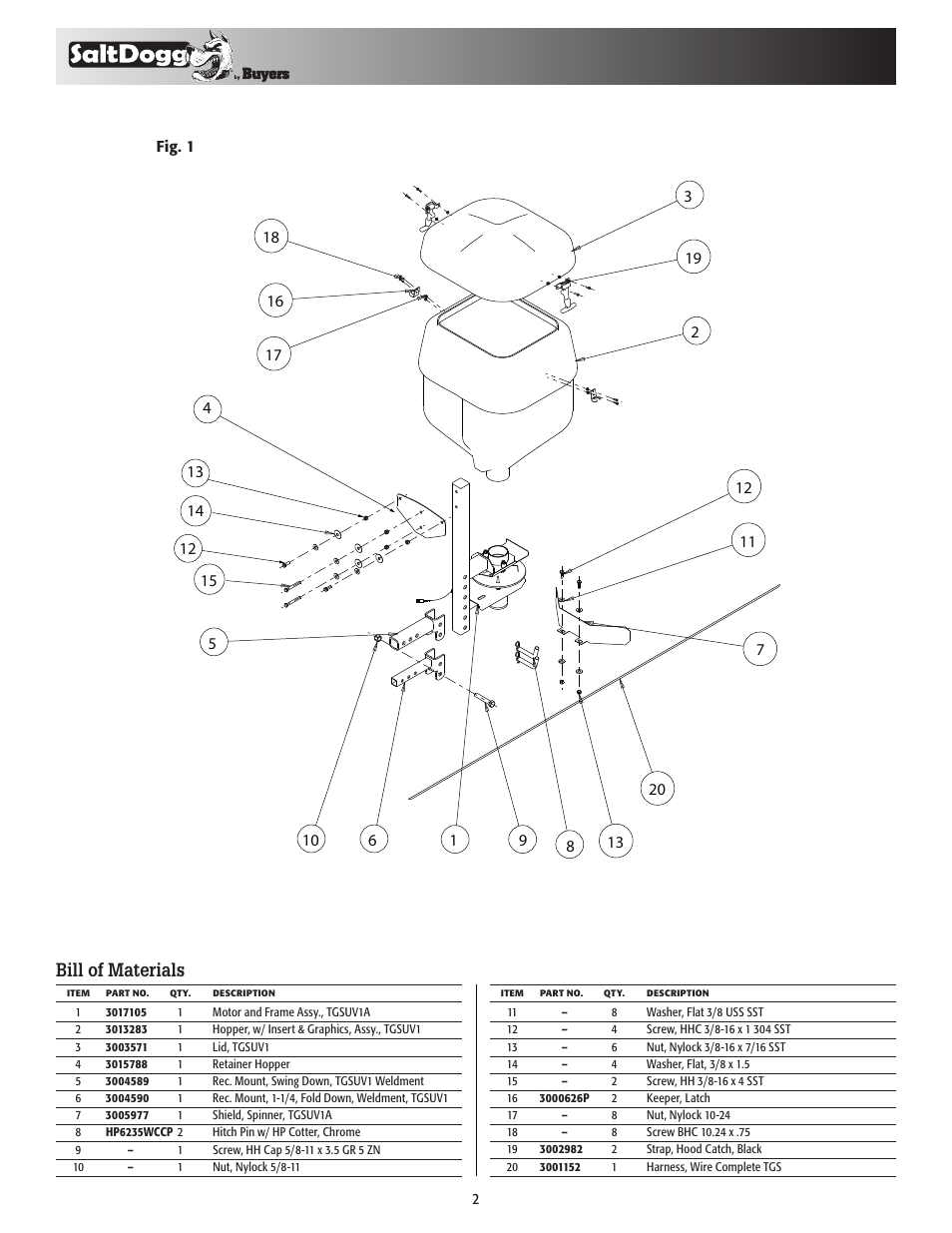 Bill of materials | SaltDogg TGSUV1B SUV Salt Spreader User Manual | Page 2 / 4