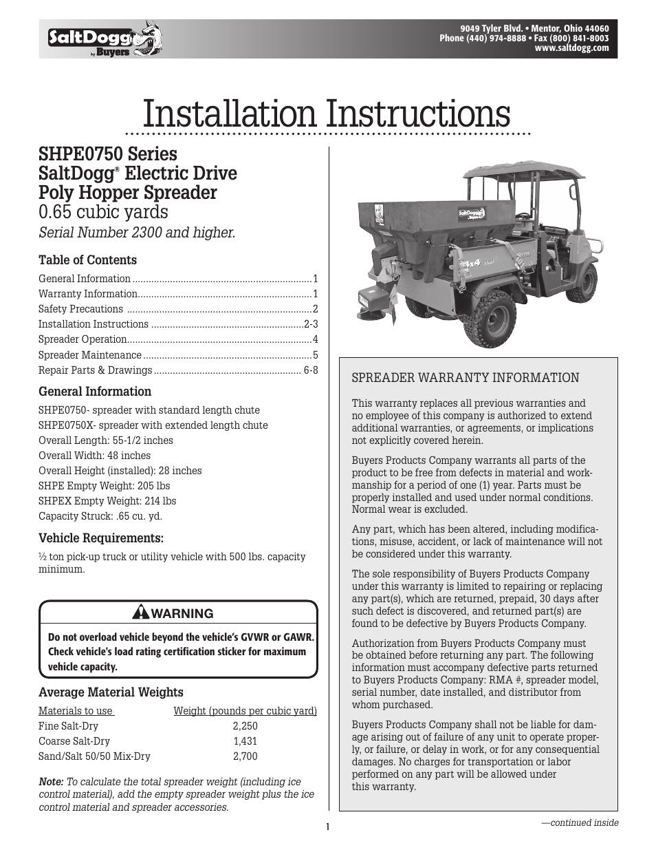 SaltDogg SHPE0750 Series Electric Drive Poly Hopper Spreader v.2 User Manual | 8 pages