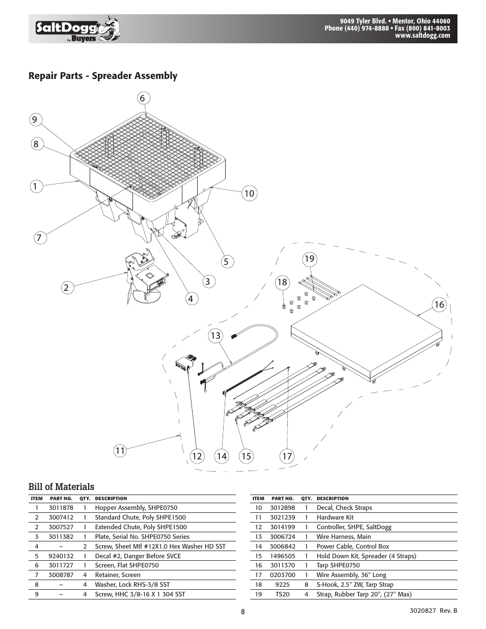 Repair parts - spreader assembly bill of materials | SaltDogg SHPE0750 Series Electric Drive Poly Hopper Spreader v.2 User Manual | Page 8 / 8
