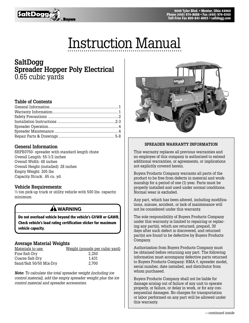 SaltDogg SHPE0750 Series Electric Drive Poly Hopper Spreader v.1 User Manual | 8 pages