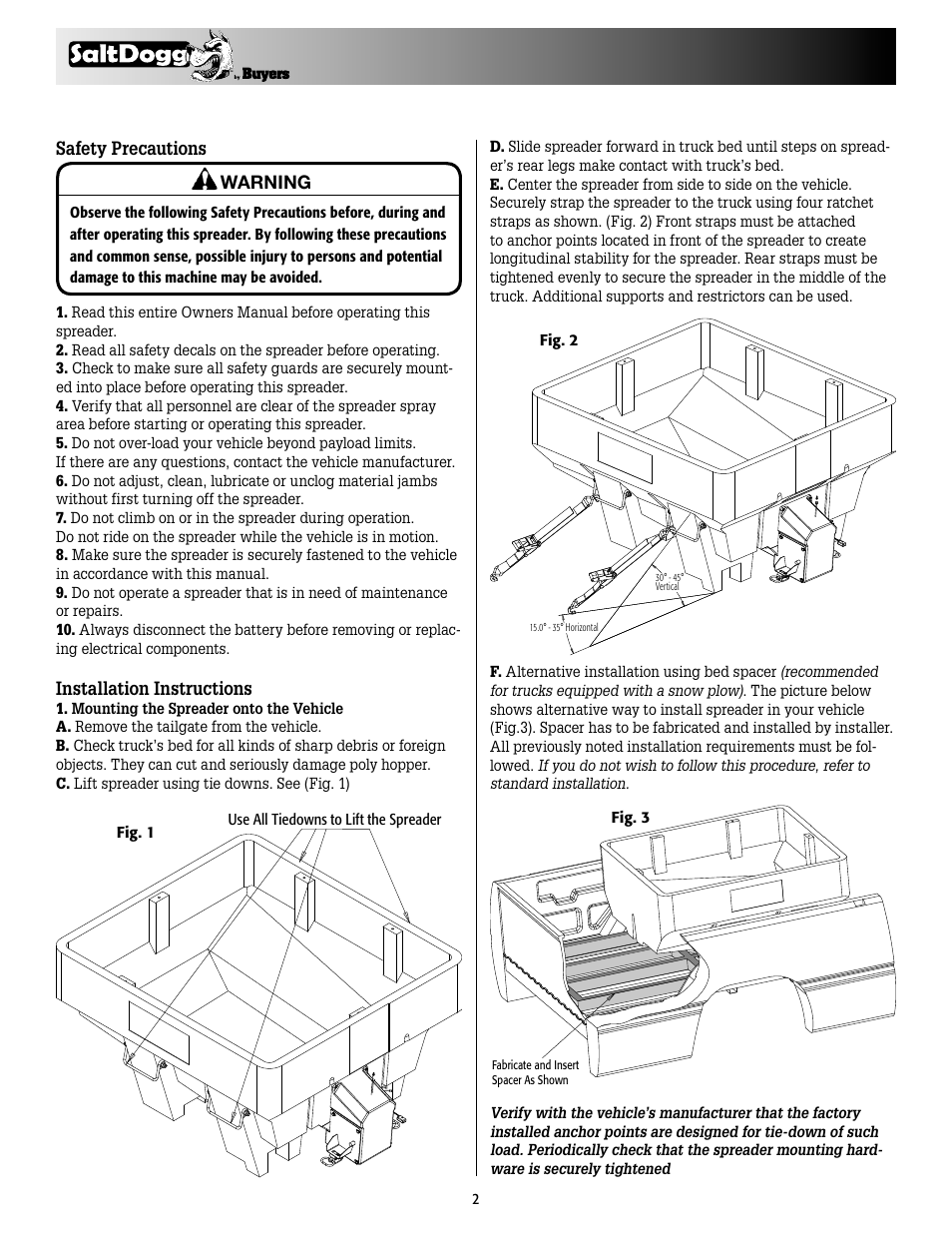 Safety precautions warning, Installation instructions | SaltDogg SHPE0750 Series Electric Drive Poly Hopper Spreader v.1 User Manual | Page 2 / 8
