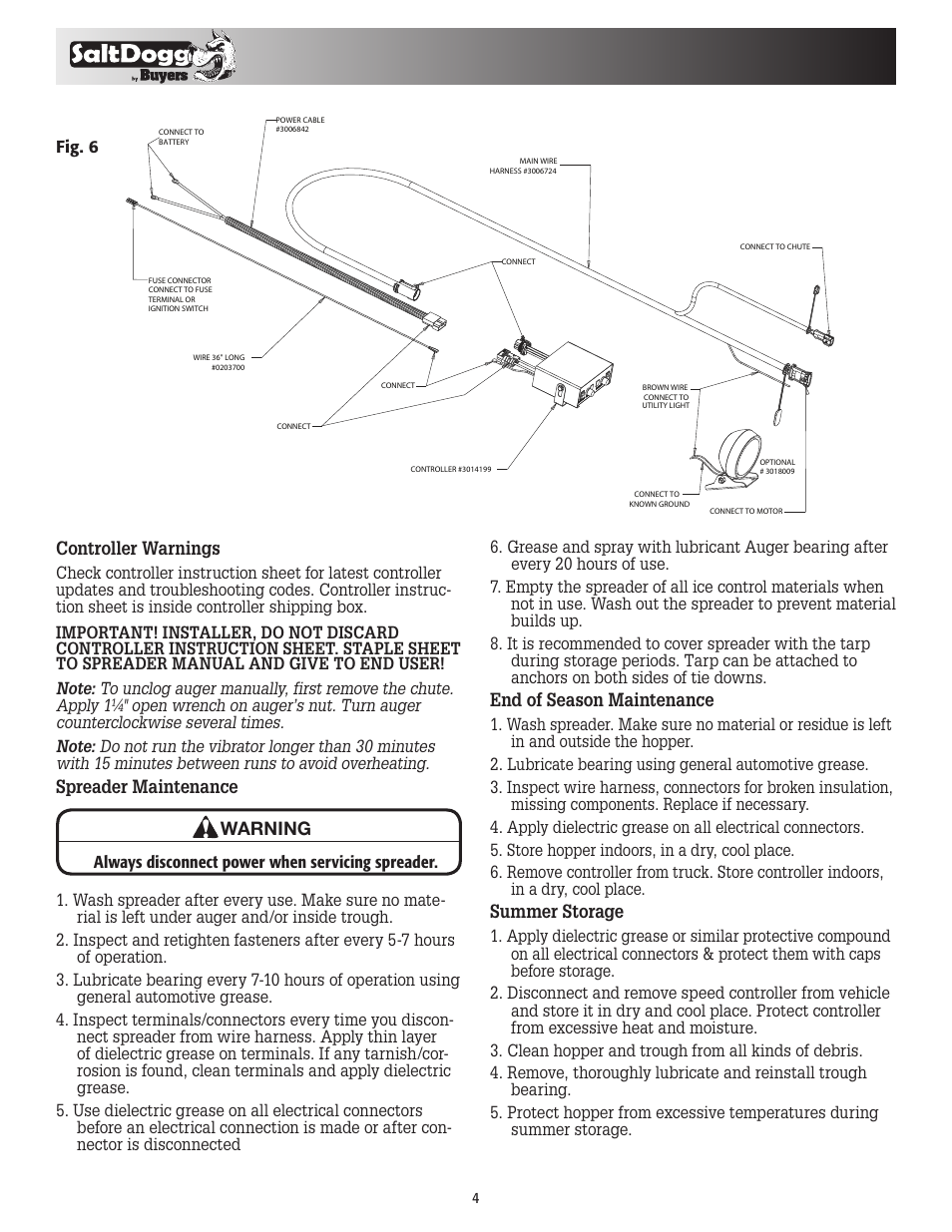 Controller warnings, Spreader maintenance, End of season maintenance | Summer storage, Warning | SaltDogg SHPE1500 Series Electric Drive Poly Hopper Spreader v.2 User Manual | Page 4 / 8