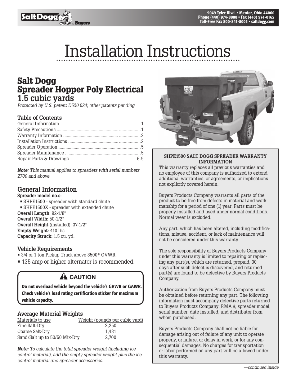 SaltDogg SHPE1500 Series Electric Drive Poly Hopper Spreader v.1 User Manual | 8 pages