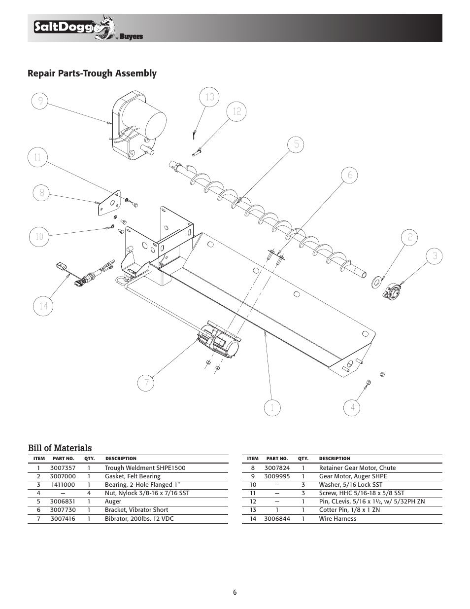 Repair parts-trough assembly | SaltDogg SHPE1500 Series Electric Drive Poly Hopper Spreader v.1 User Manual | Page 6 / 8