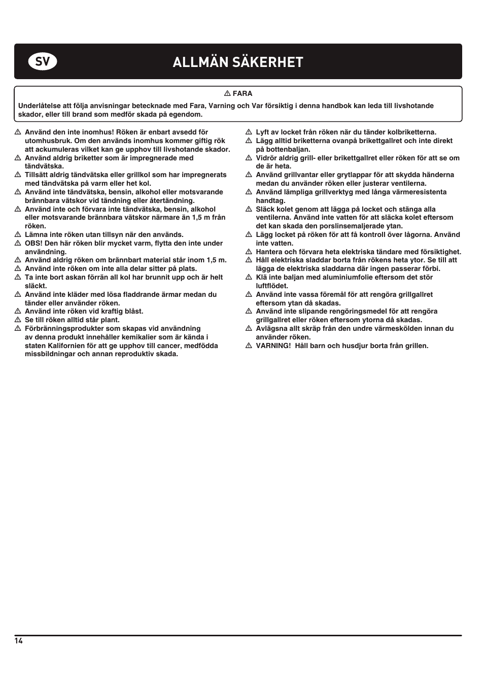 Allmän säkerhet | weber 185 User Manual | Page 14 / 140