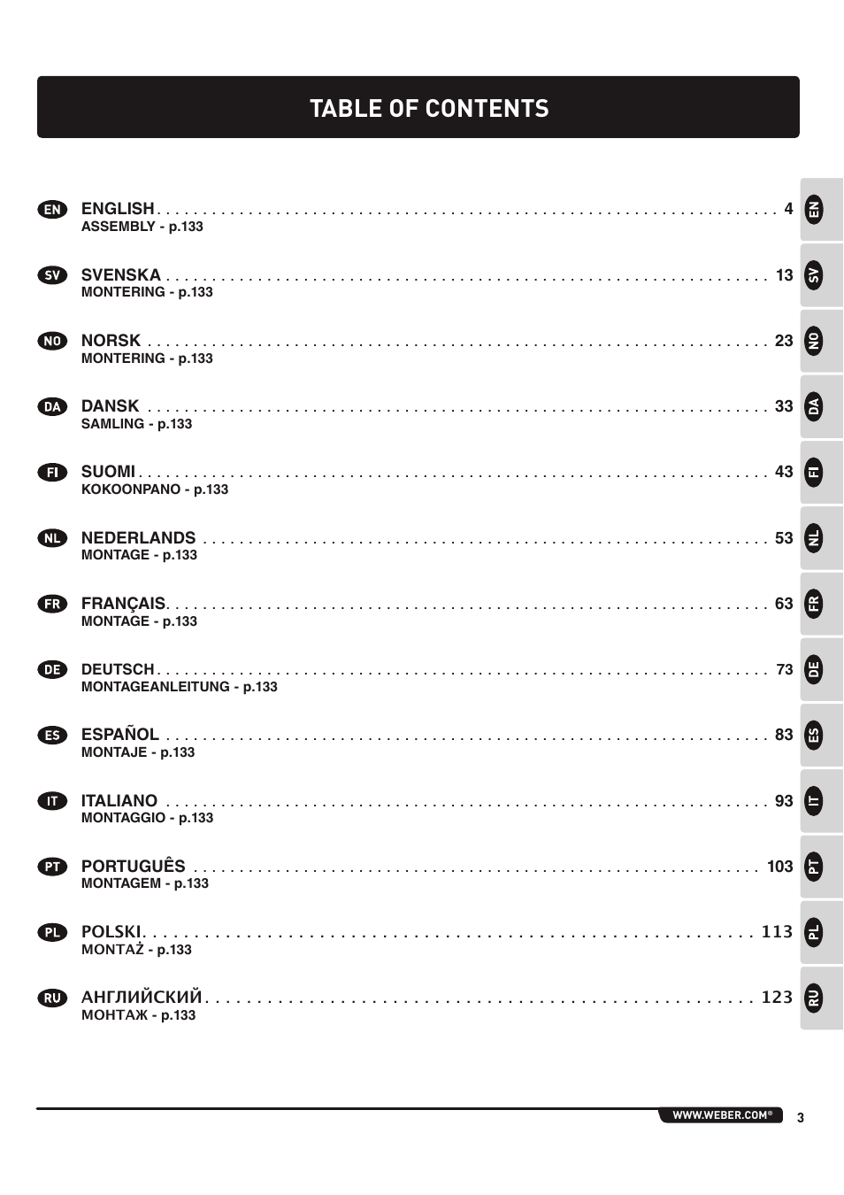 Table of contenntentts | weber 185 User Manual | Page 3 / 140