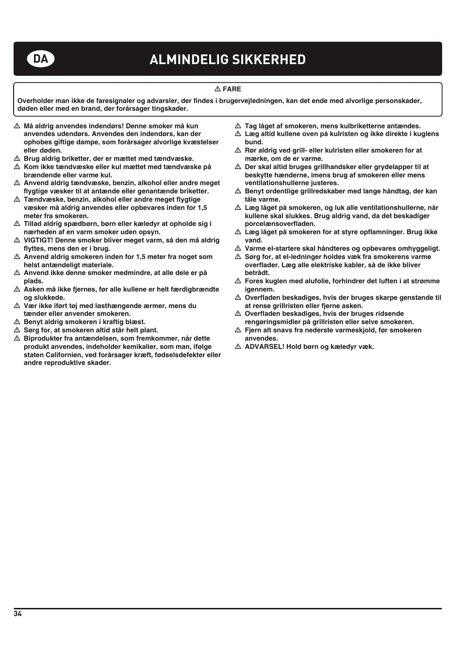 Almindelig sikkerhed | weber 185 User Manual | Page 34 / 140