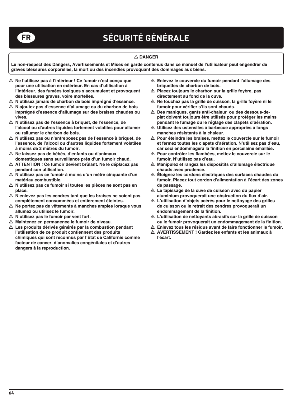 Sécurité générale | weber 185 User Manual | Page 64 / 140