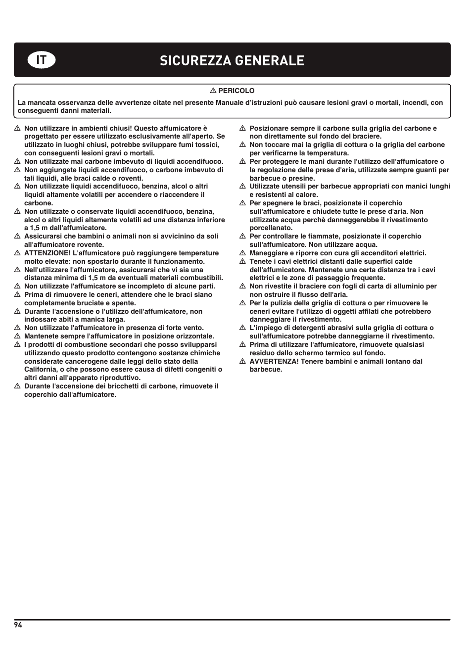 Sicurezza generale | weber 185 User Manual | Page 94 / 140