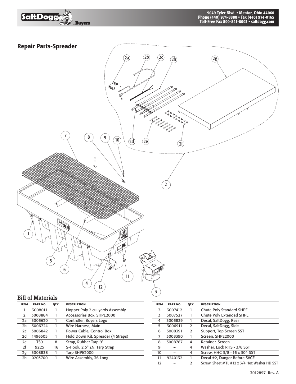 Bill of materials, Repair parts-spreader | SaltDogg SHPE2000 Series Electric Drive Poly Hopper Spreader v.2 User Manual | Page 8 / 8