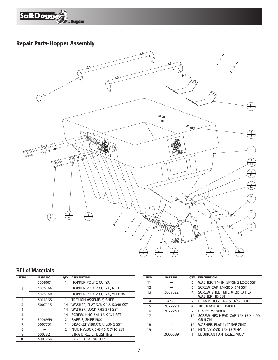 Bill of materials, Repair parts-hopper assembly | SaltDogg SHPE2000 Series Electric Drive Poly Hopper Spreader v.1 User Manual | Page 7 / 8