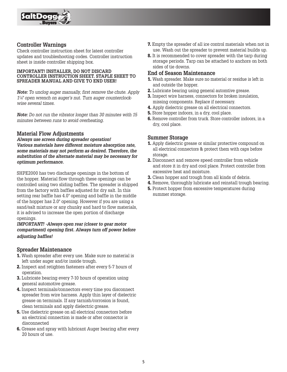 SaltDogg SHPE2000 Series Electric Drive Poly Hopper Spreader v.3 User Manual | Page 5 / 8