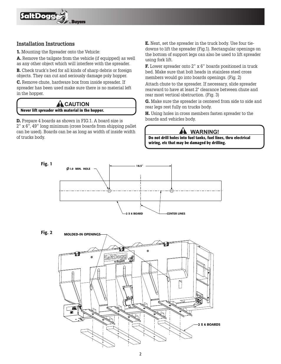 Installation instructions, Caution, Warning | SaltDogg SHPE3000 Series Electric Drive Poly Hopper Spreader User Manual | Page 2 / 8