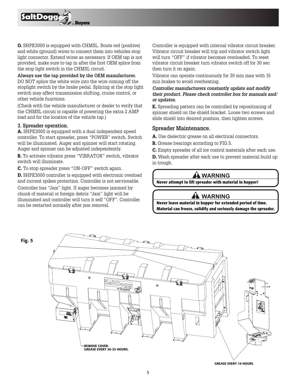 Spreader maintenance, Warning | SaltDogg SHPE3000 Series Electric Drive Poly Hopper Spreader User Manual | Page 5 / 8
