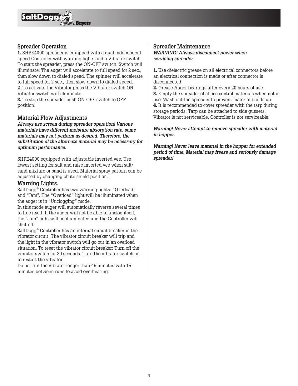 Spreader operation, Material flow adjustments, Warning lights | Spreader maintenance | SaltDogg SHPE4000 Series Electric Drive Poly Hopper Spreader User Manual | Page 4 / 8