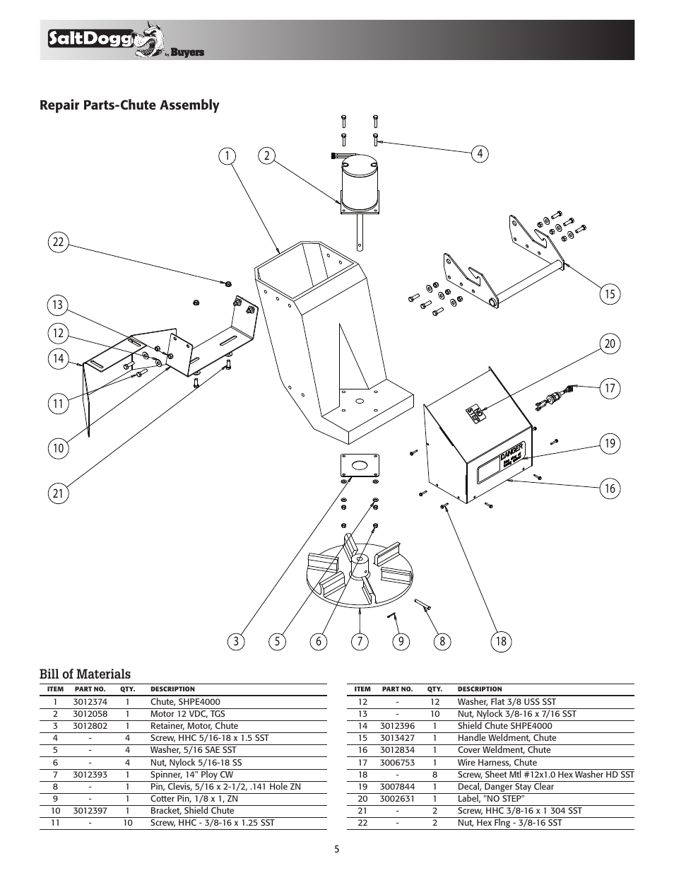 Repair parts-chute assembly | SaltDogg SHPE4000 Series Electric Drive Poly Hopper Spreader User Manual | Page 5 / 8