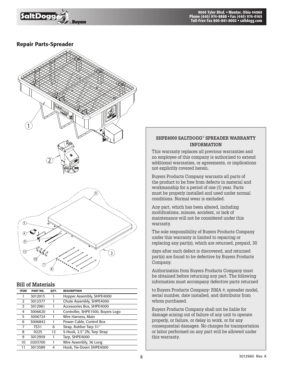 Repair parts-spreader bill of materials | SaltDogg SHPE4000 Series Electric Drive Poly Hopper Spreader User Manual | Page 8 / 8