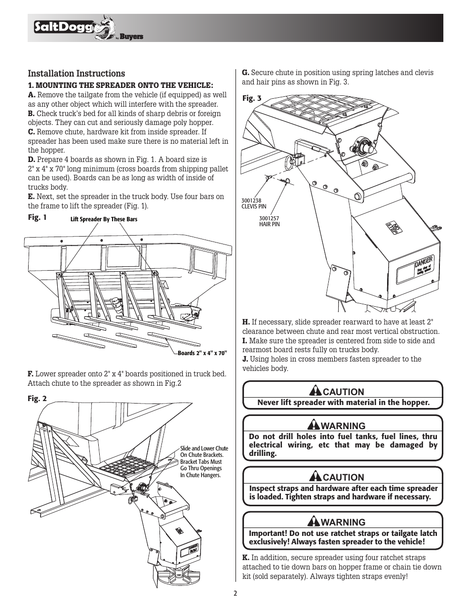 Installation instructions, Caution, Warning | SaltDogg SHPE6000 Series Electric Drive Poly Hopper Spreader User Manual | Page 2 / 8