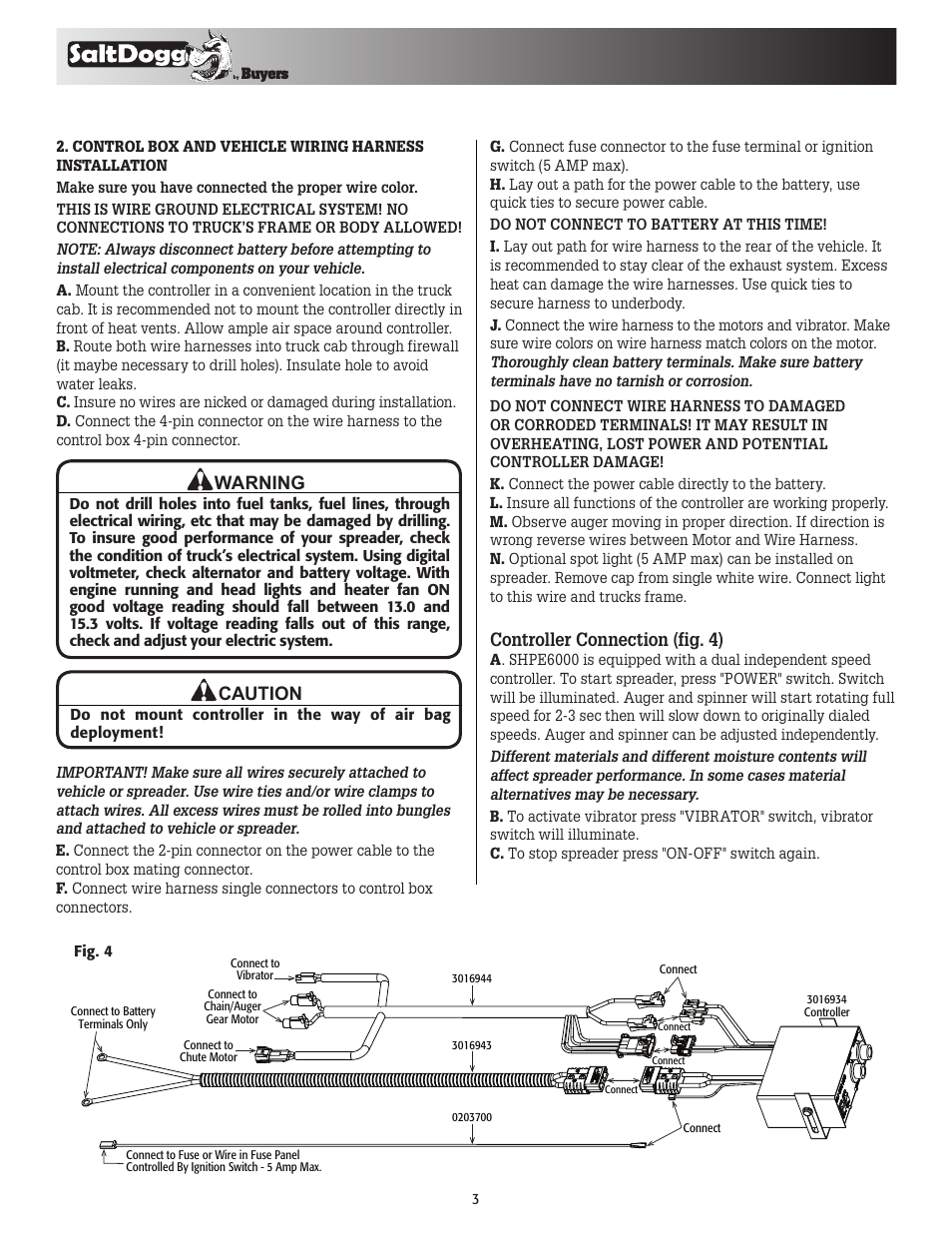 Caution, Warning, Controller connection (fig. 4) | SaltDogg SHPE6000 Series Electric Drive Poly Hopper Spreader User Manual | Page 3 / 8