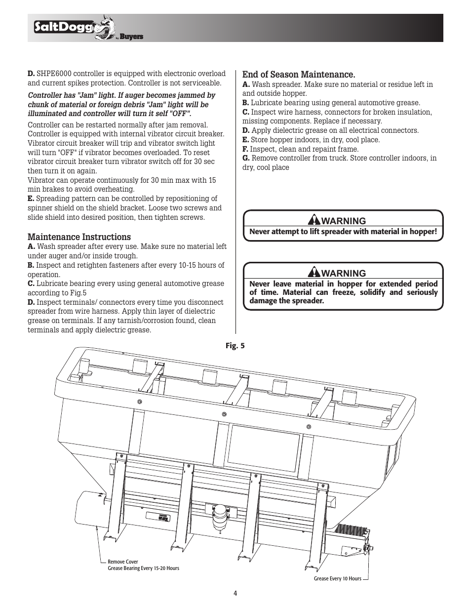 End of season maintenance, Maintenance instructions, Warning | SaltDogg SHPE6000 Series Electric Drive Poly Hopper Spreader User Manual | Page 4 / 8