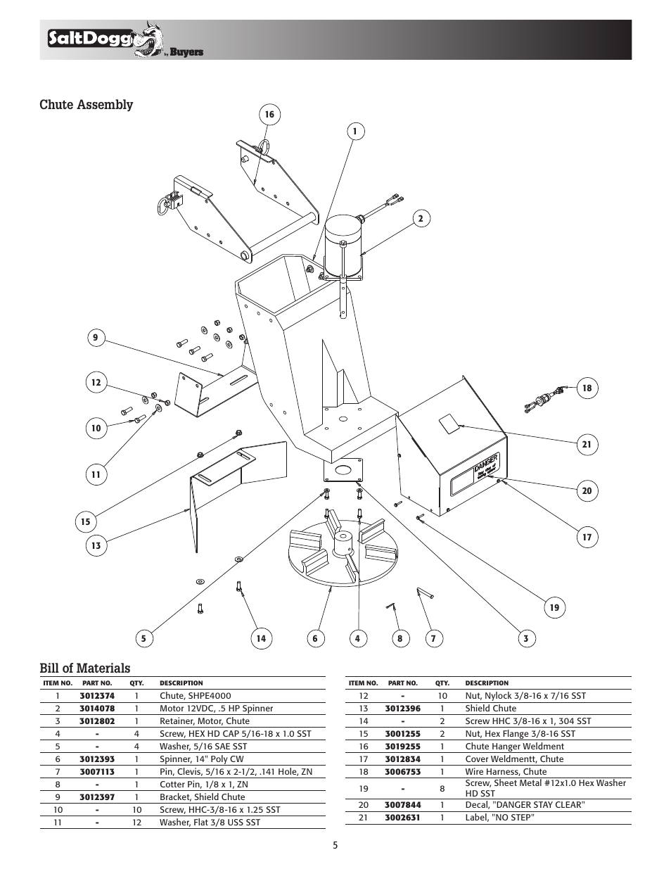 Chute assembly bill of materials | SaltDogg SHPE6000 Series Electric Drive Poly Hopper Spreader User Manual | Page 5 / 8