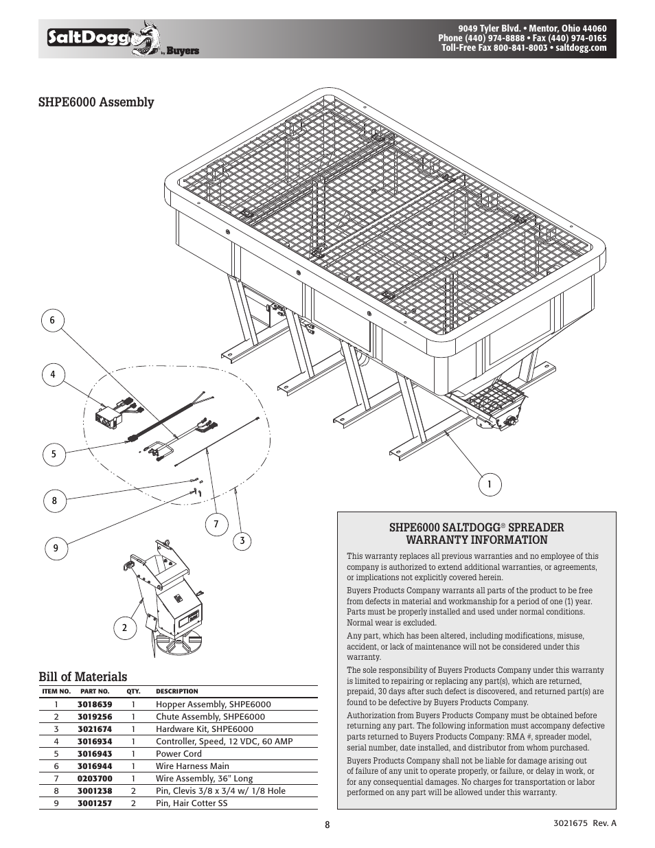 Shpe6000 assembly, Bill of materials, Shpe6000 saltdogg | Spreader warranty information | SaltDogg SHPE6000 Series Electric Drive Poly Hopper Spreader User Manual | Page 8 / 8