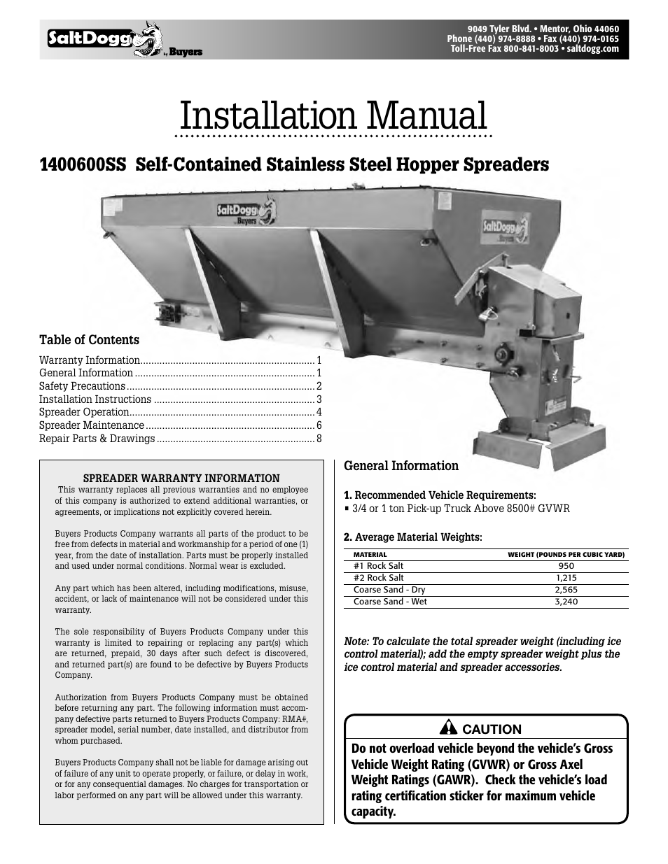 SaltDogg 1400600SS Self-Contained Stainless Steel Hopper Spreaders User Manual | 8 pages