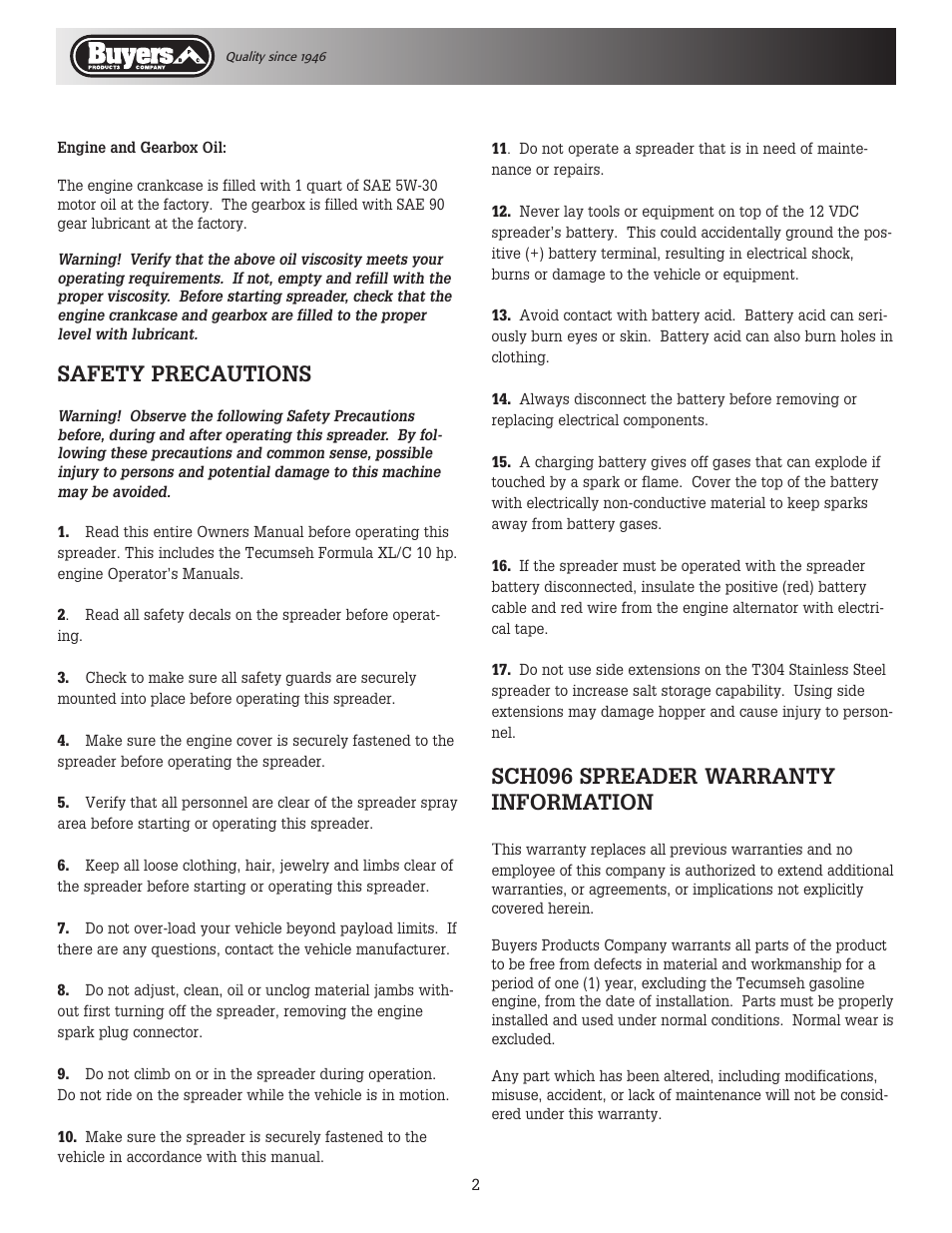 Safety precautions, Sch096 spreader warranty information | SaltDogg SCH096 Series Self-Contained Hopper Spreader User Manual | Page 2 / 16