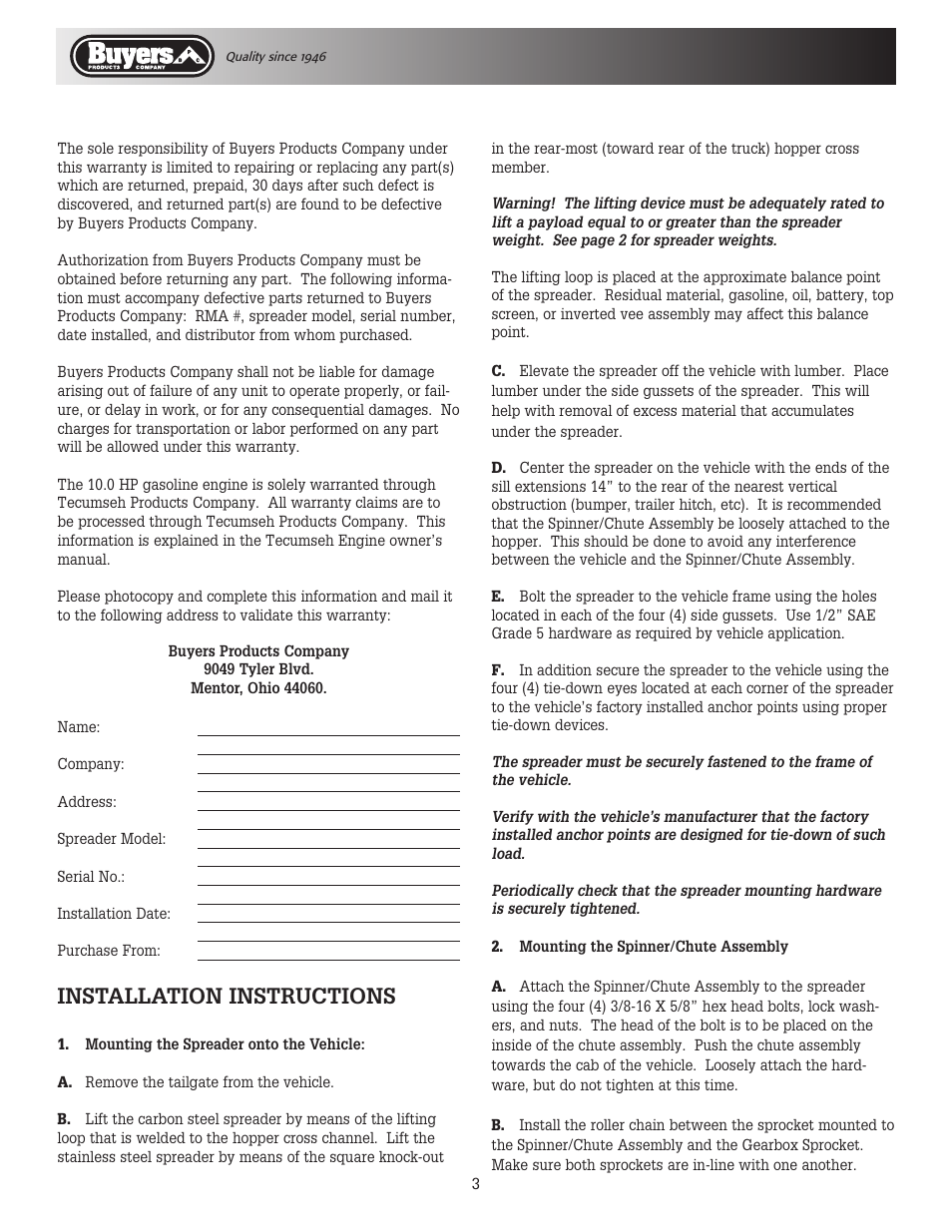 Installation instructions | SaltDogg SCH096 Series Self-Contained Hopper Spreader User Manual | Page 3 / 16